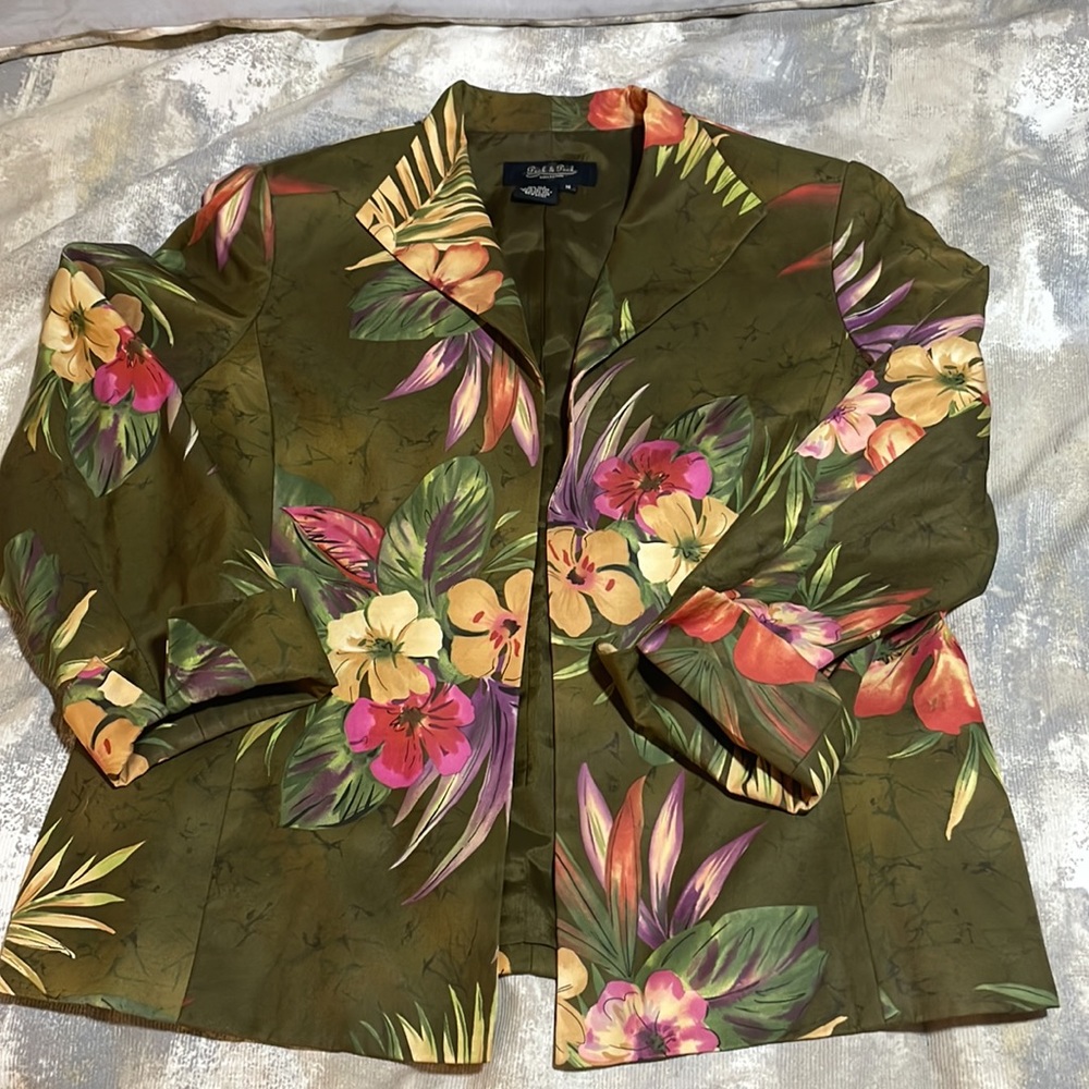 Peck & Peck Collection Women’s SZ 14 Floral Olive Open Front Silk Blend Blazer - Picture 12 of 13